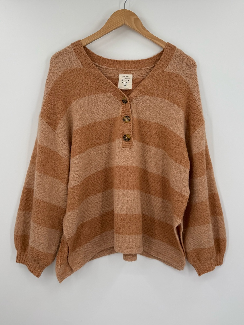 Billabong Striped V-Neck Henley Sweater | Tan Camel | Small